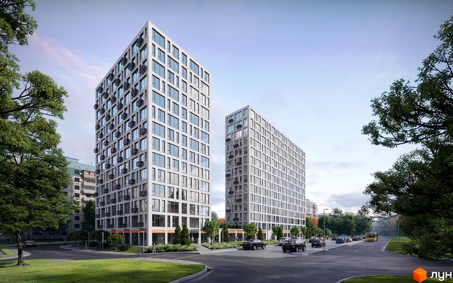 Зображення двох багатоповерхівок Житлового комплексу Вертикаль з великими вікнами та зеленим газоном навколо.