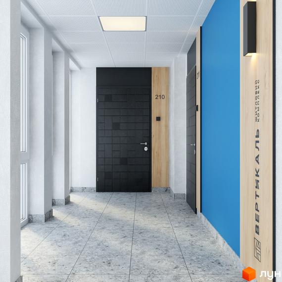 Інтер'єр коридору в Житловому комплексі Вертикаль з дверима до квартир та системою навігації.