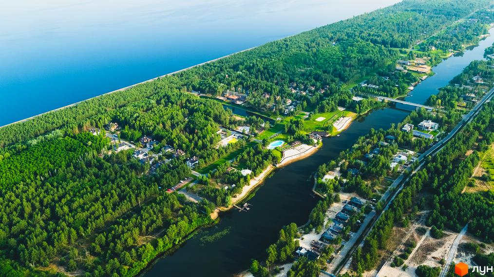 Панорамне фото Котеджного містечка Riviera Village з висоти пташиного польоту. Видно річку, зелені насадження та будинки.