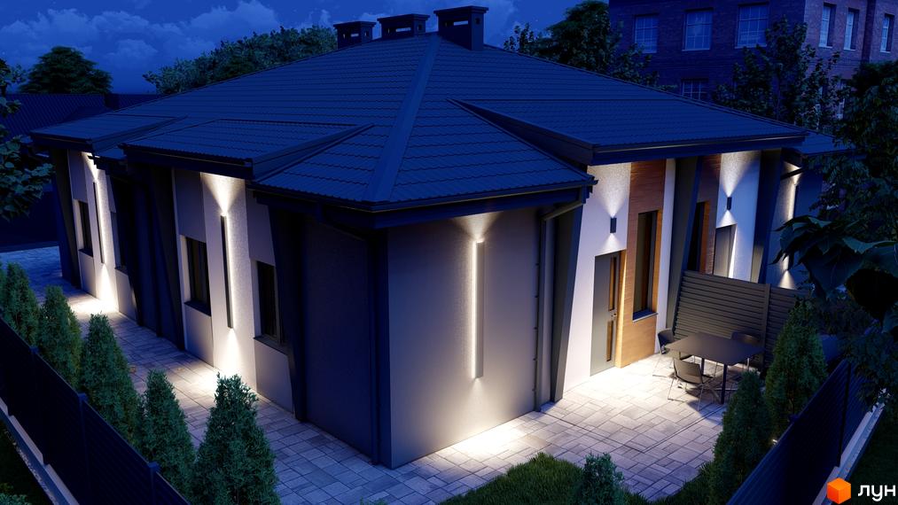 Таунхаус REST HOME II з підсвічуванням фасаду та зоною відпочинку з вуличними меблями.