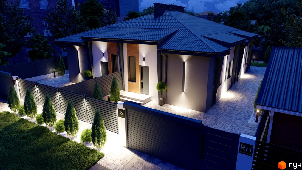 Таунхаус REST HOME II з темним дахом, світлими фасадами та архітектурним підсвічуванням. Прибудинкова територія має вимощені доріжки, огорожу та зелені насадження.