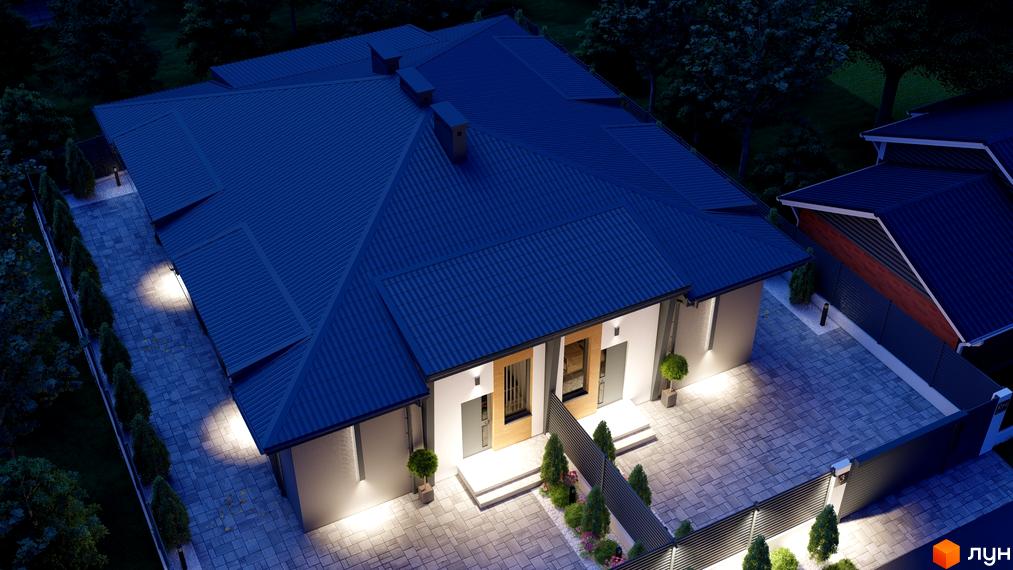 Таунхаус REST HOME II з темно-синім дахом та підсвіченим фасадом, розташований на брукованій прибудинковій території з деревами та огорожею.