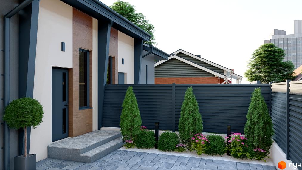 Таунхаус REST HOME II з сірим парканом та зеленими насадженнями. Фасад будинку оздоблений білою та дерев'яною плиткою.