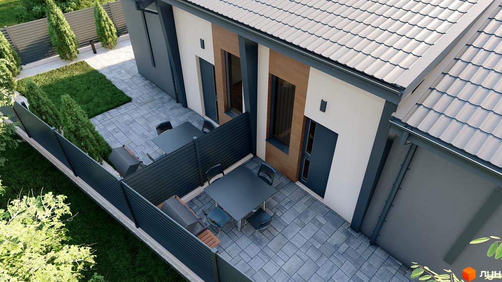 Зовнішній вигляд таунхауса REST HOME II з сірим дахом та біло-коричневою стіною, з прибудинковою територією, вимощеною плиткою, зеленою травою та парканом.