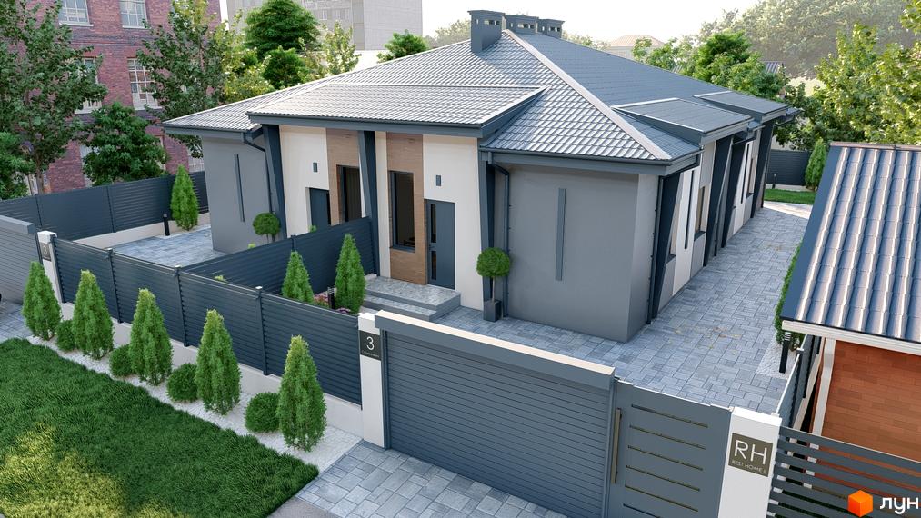 Таунхаус REST HOME II з сірим фасадом та зеленою прибудинковою територією. Огороджена територія з воротами та парканом.