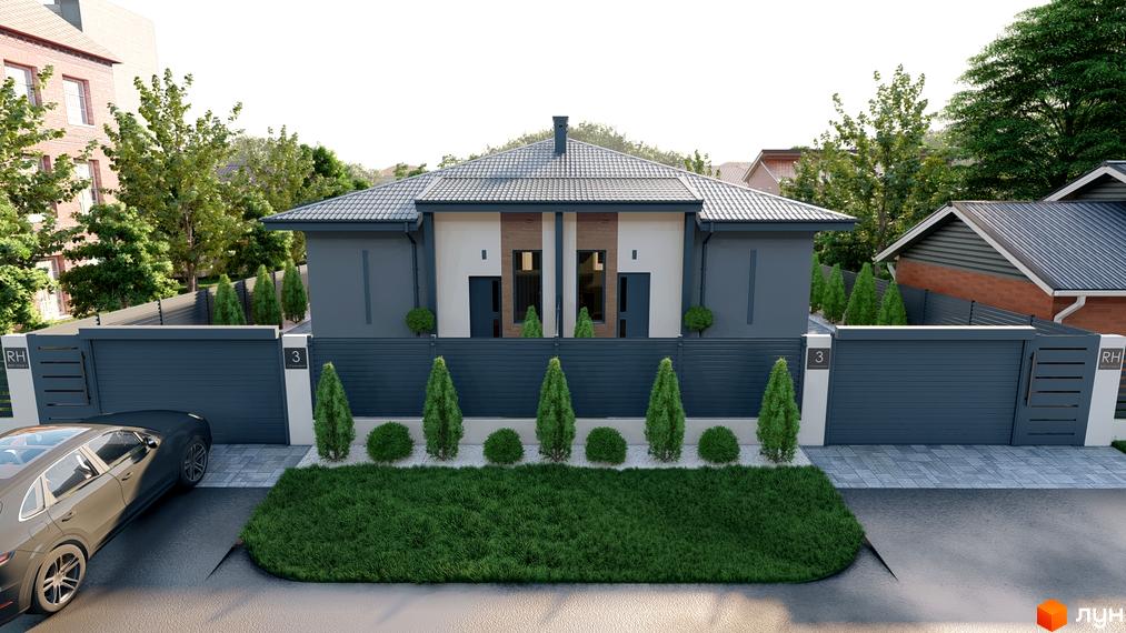 Таунхаус REST HOME II з сірим фасадом та двосхилим дахом, огороджений парканом з воротами. Прибудинкова територія з газоном та туями.