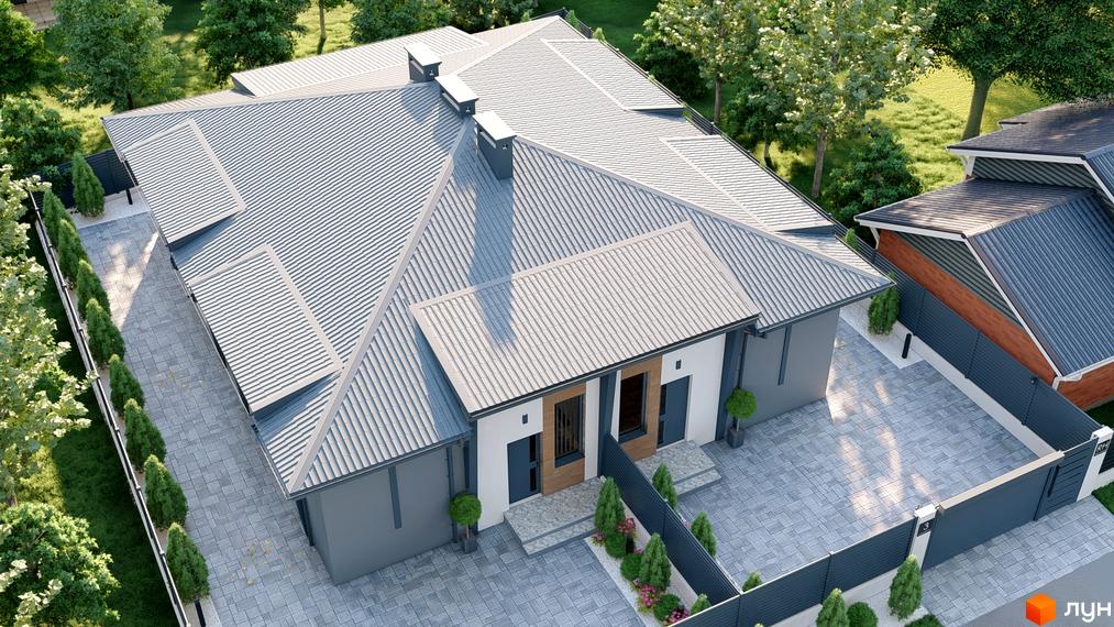 Таунхаус REST HOME II з сірим металевим дахом та сірим фасадом, прибудинкова територія з бруківки та зелених насаджень.