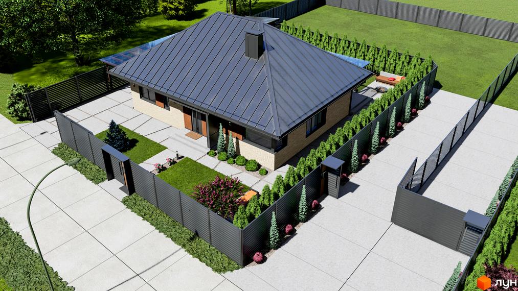 Котеджне містечко КМ SMADE Park: одноповерховий будинок з сірим дахом, цегляними стінами та доглянутою прибудинковою територією з зеленими насадженнями та парканом.