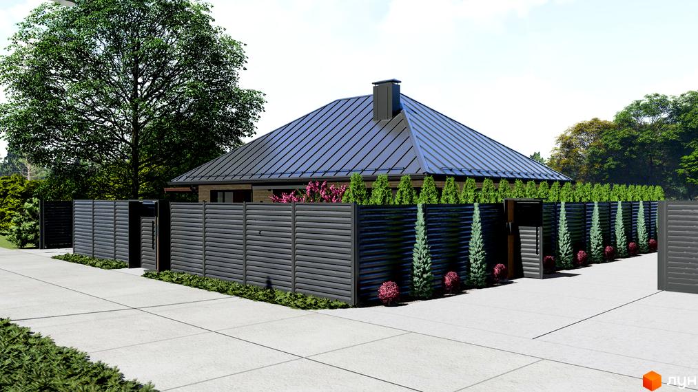 КМ SMADE Park: одноповерховий будинок з темним металевим дахом та парканом з ламелей, оточений зеленню та деревами.