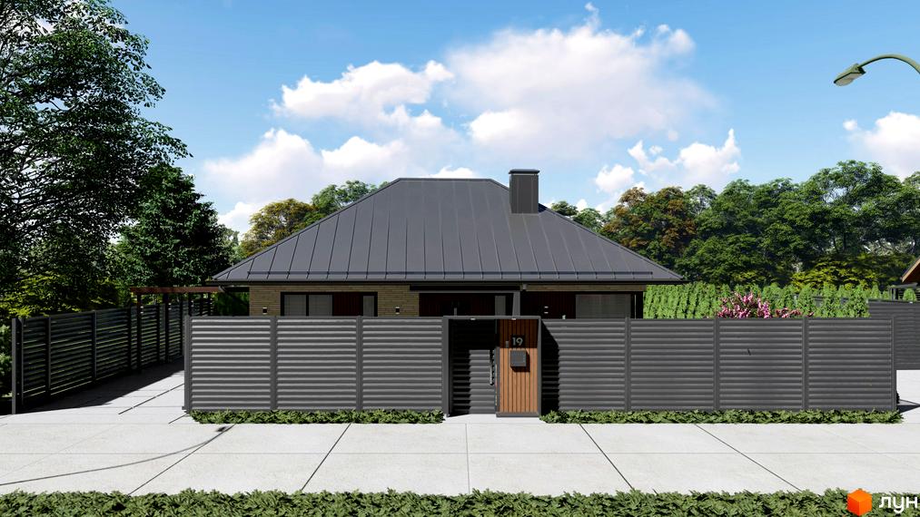 Котеджне містечко SMADE Park: одноповерховий будинок з сірим дахом та парканом з горизонтальних ламелей. Прибудинкова територія з деревами та газоном.