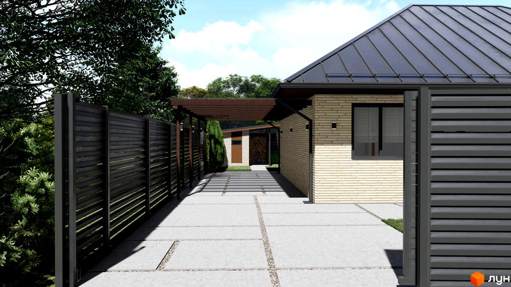 Котеджне містечко SMADE Park: цегляний будинок з темним дахом та доріжкою з плитки на прибудинковій території.