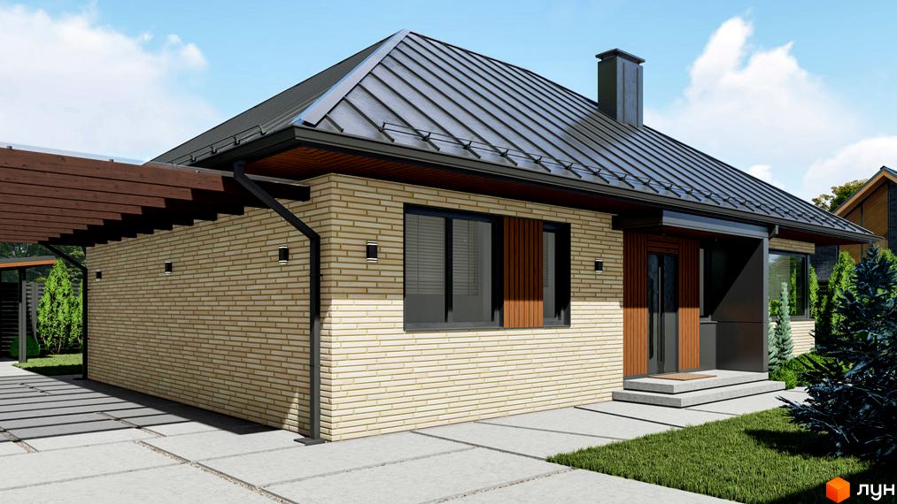 Котеджне містечко SMADE Park: одноповерховий будинок з цегляним фасадом, металевим дахом та прибудинковою територією з газоном і доріжками.