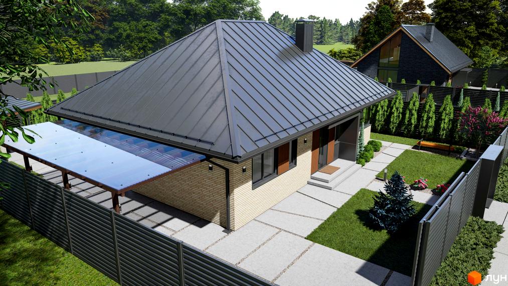 Котеджне містечко SMADE Park: одноповерховий будинок з металевим дахом та навісом, огороджена ділянка з газоном та деревами.