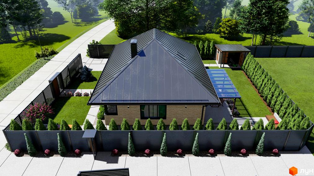 Котеджне містечко SMADE Park: одноповерховий будинок з сірим дахом та цегляними стінами, огороджена територія з газоном та деревами.