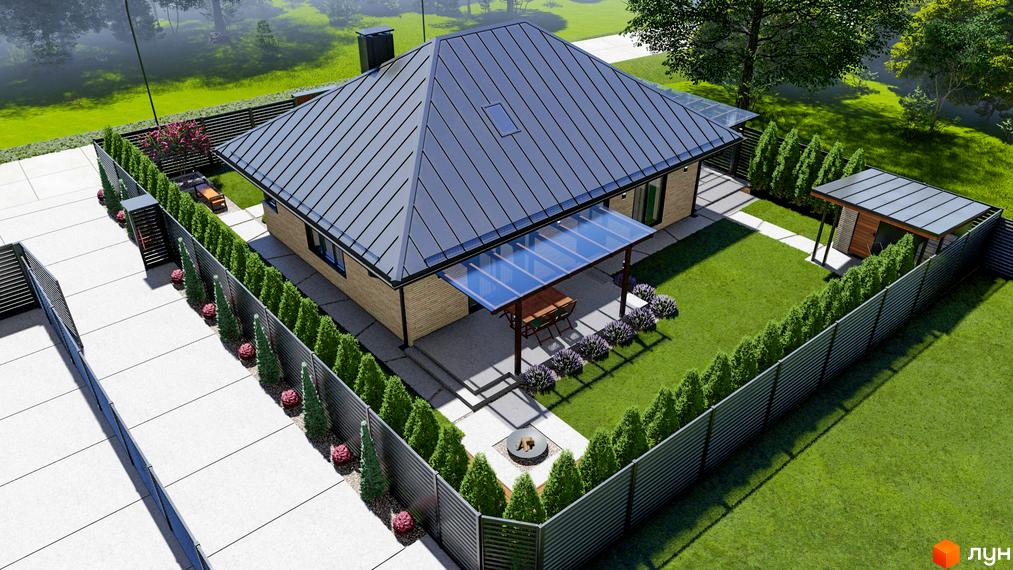 КМ SMADE Park: одноповерховий будинок з двосхилим дахом, навісом та огородженою територією з газоном та деревами.