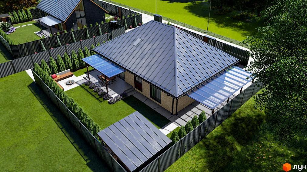 Котеджне містечко SMADE Park: одноповерховий будинок з сірим дахом, навісами та огородженою територією з газоном та деревами.
