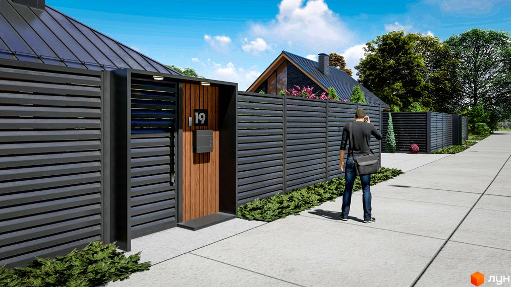 Котеджне містечко SMADE Park. Фасад будинку з дерев'яними елементами та парканом з горизонтальних ламелей. Прибудинкова територія з доріжками та зеленню.