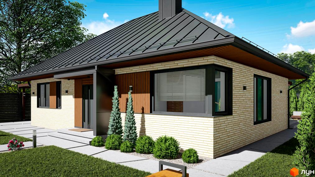 Котеджне містечко КМ SMADE Park: одноповерховий будинок з цегляним фасадом, великими вікнами та темним дахом. Поруч доглянутий газон, доріжки та зелені насадження.
