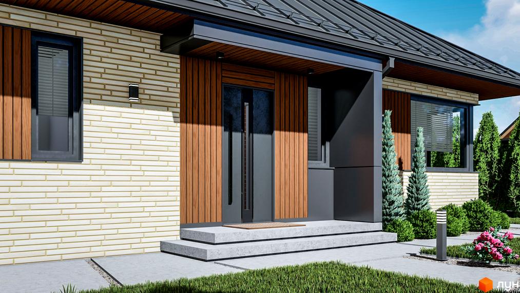 КМ SMADE Park: фасад будинку з дерев'яними елементами та цегляною кладкою, перед будинком зелені насадження та доріжка.