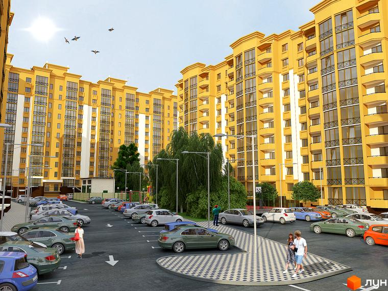 Житловий комплекс Щасливий на Петропавлівці. Зовнішній вигляд жовтих багатоповерхових будинків з балконами та парковкою з автомобілями.