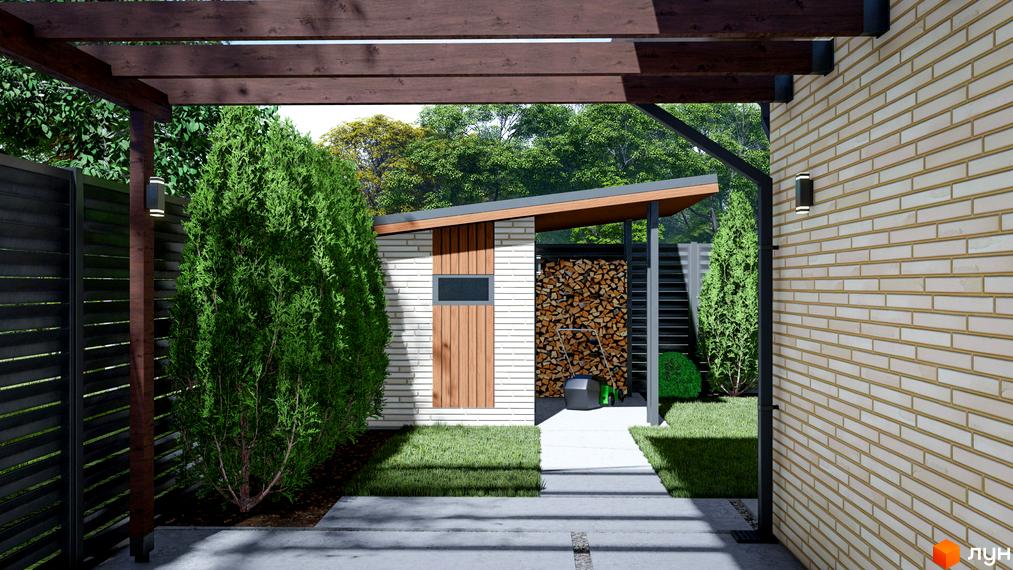 Котеджне містечко SMADE Park: зовнішній вигляд будинку з цегляною стіною, дерев'яним оздобленням та навісом для дров. Прибудинкова територія з газоном та деревами.