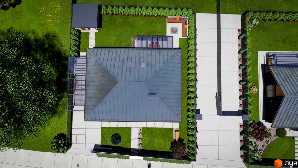 Котеджне містечко SMADE Park з металевим дахом та доглянутою прибудинковою територією з газоном та деревами.