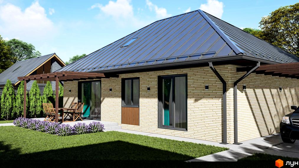 Котеджне містечко SMADE Park: одноповерховий будинок з цегляним фасадом, темним дахом та зоною відпочинку з альтанкою. Навколо будинку доглянутий газон та зелені насадження.