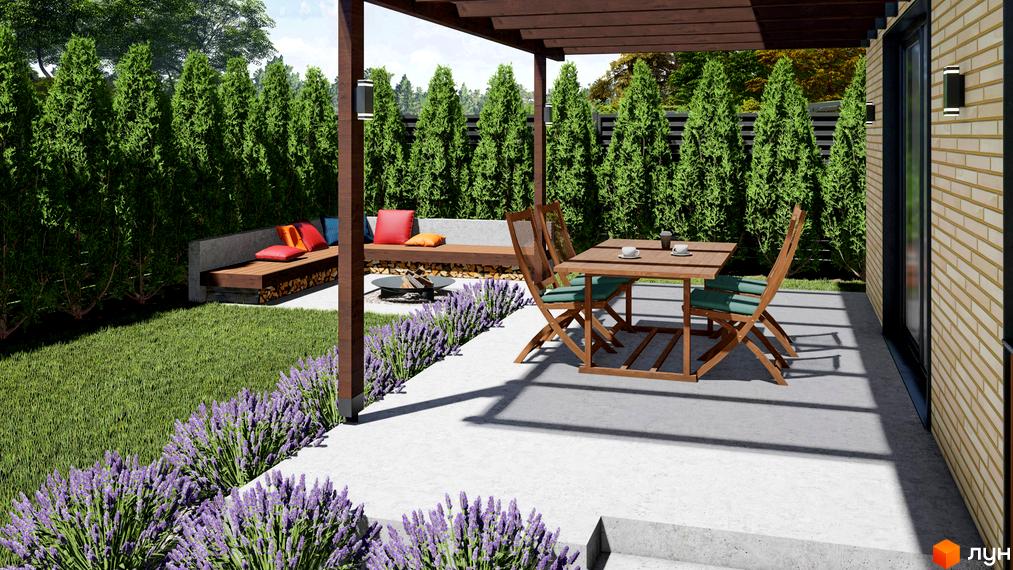 КМ SMADE Park: затишна тераса з дерев'яними меблями та лавандовою клумбою біля будинку з цегляним фасадом.