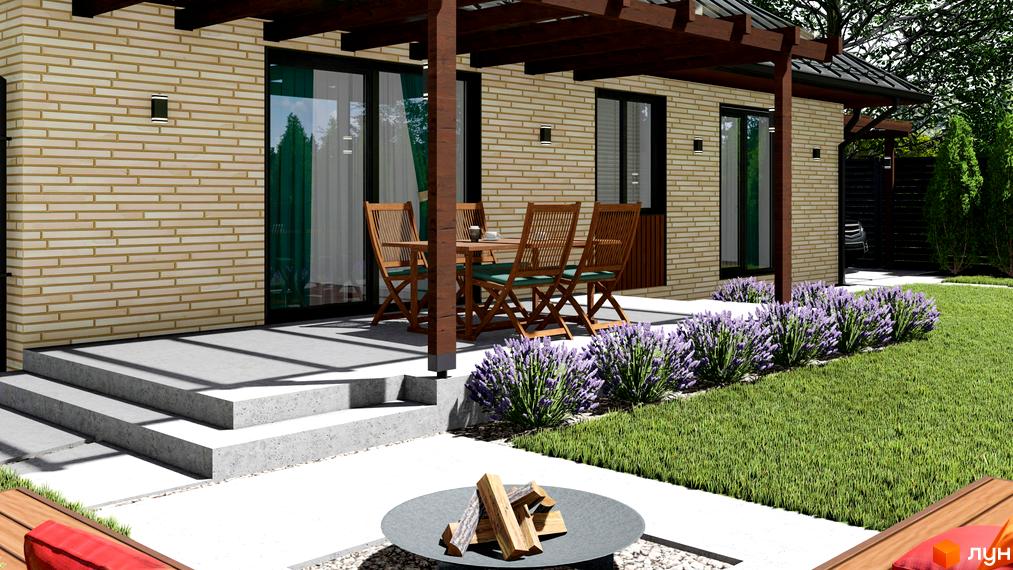 Котеджне містечко SMADE Park з цегляним фасадом та терасою, оточене зеленню та лавандою. Затишна зона відпочинку з вогнищем та дерев'яними меблями.