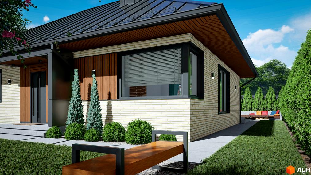 Котеджне містечко КМ SMADE Park: одноповерховий будинок з цегляним фасадом та дерев'яними елементами, зелені насадження та зона відпочинку.