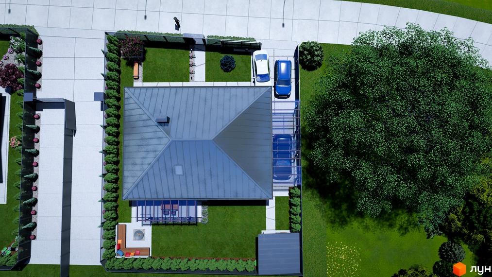 Котеджне містечко SMADE Park з сірим дахом та прибудинковою територією з газоном, деревами та паркуванням для авто.