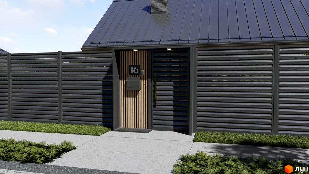 Котеджне містечко SMADE Park: вхідна група з дерев'яними елементами та номер будинку 16. Огороджена територія з лаконічним парканом та доглянутим газоном.