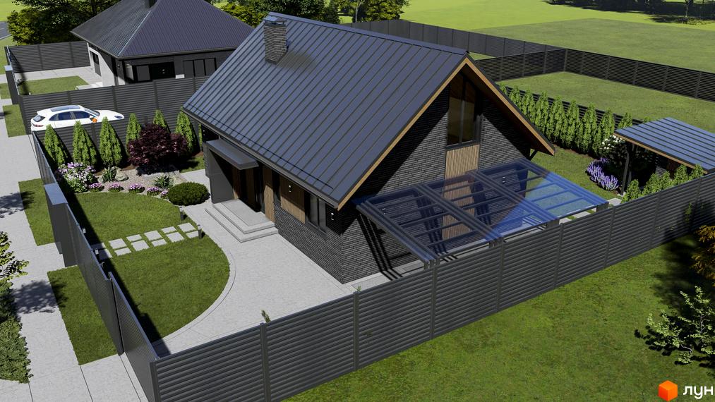 Котеджне містечко SMADE Park: двоповерховий будинок з темною цегляною кладкою, сірим дахом та скляним навісом. Прибудинкова територія огороджена парканом, з доглянутим газоном та зеленими насадженнями.