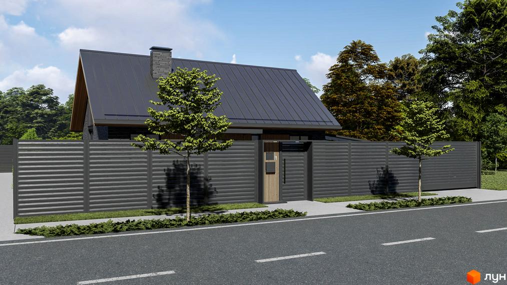 Котеджне містечко SMADE Park. Фасад будинку з темним дахом та цегляними елементами, огороджений парканом. Навколо зелені дерева та доглянута прибудинкова територія.