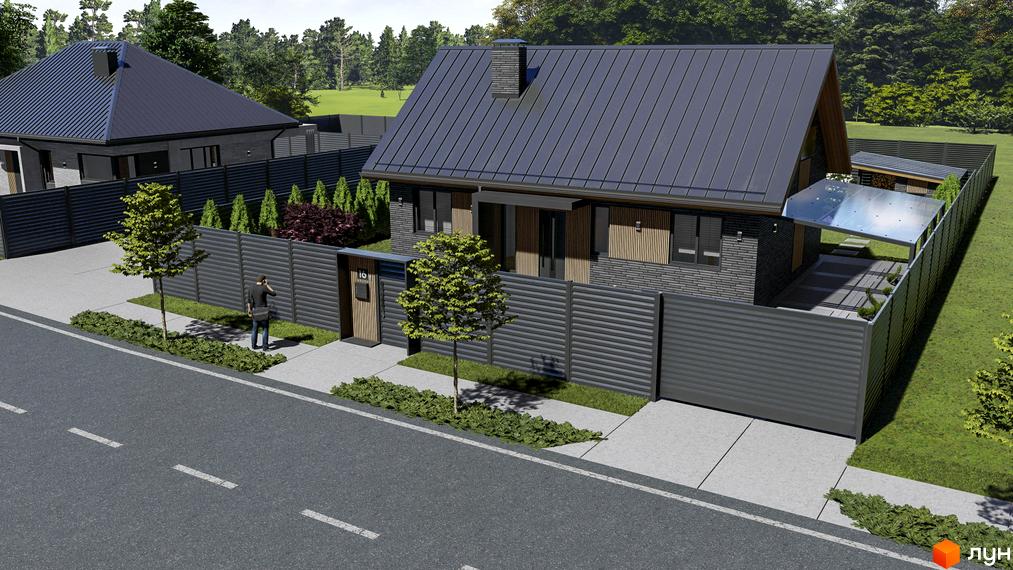 Котеджне містечко SMADE Park. Будинок з темним дахом та фасадом з цегли, огороджена територія з доглянутим газоном та деревами.