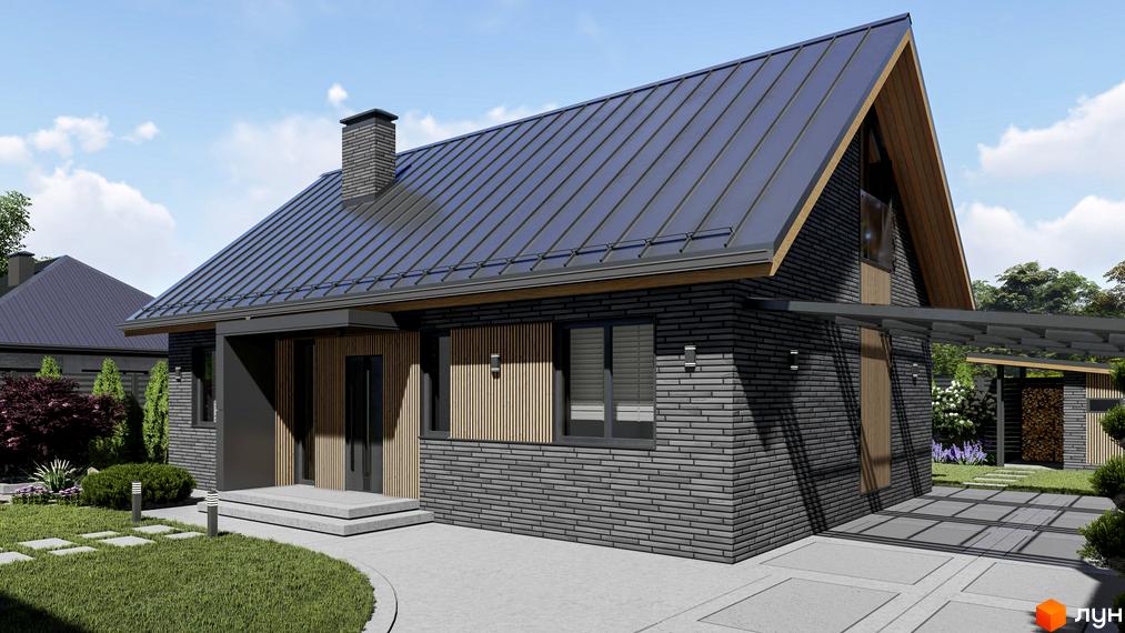 Котеджне містечко SMADE Park: одноповерховий будинок з темної цегли та металевим дахом, поруч доглянута прибудинкова територія з газоном та доріжками.