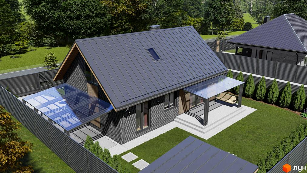 Котеджне містечко КМ SMADE Park. Будинок з сірої цегли під темним металевим дахом, скляним навісом та доглянутою зеленою прибудинковою територією.