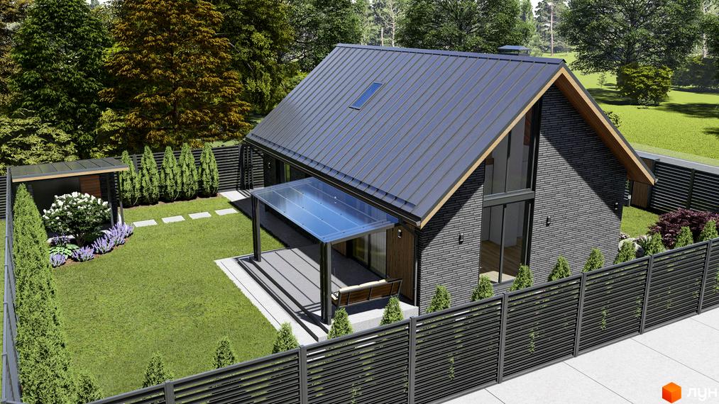 Котеджне містечко КМ SMADE Park: двоповерховий будинок з темною цегляною облицовкою, великими вікнами та металевим дахом, огороджена ділянка з газоном, деревами та навісом.