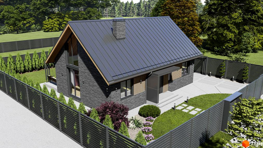 Котеджне містечко КМ SMADE Park: двоповерховий будинок з темно-сірого цегляного фасаду та сірого металевого даху, з великими вікнами та дерев'яними елементами, оточений зеленою ділянкою та чорним парканом.