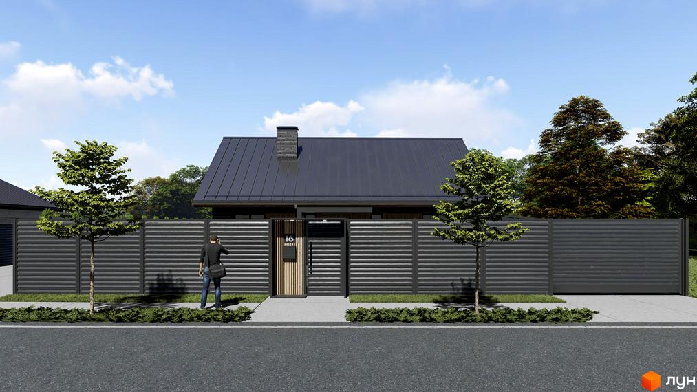 КМ SMADE Park: одноповерховий будинок з темним дахом та фасадом, огороджений парканом, з деревами та доглянутою територією.