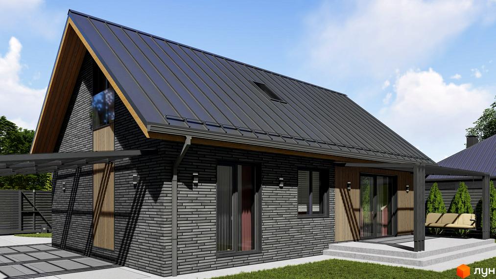 Котеджне містечко SMADE Park: будинок з сірої цегли під темним дахом, з дерев'яними вставками та навісом. На прибудинковій території зелена галявина та гойдалка.