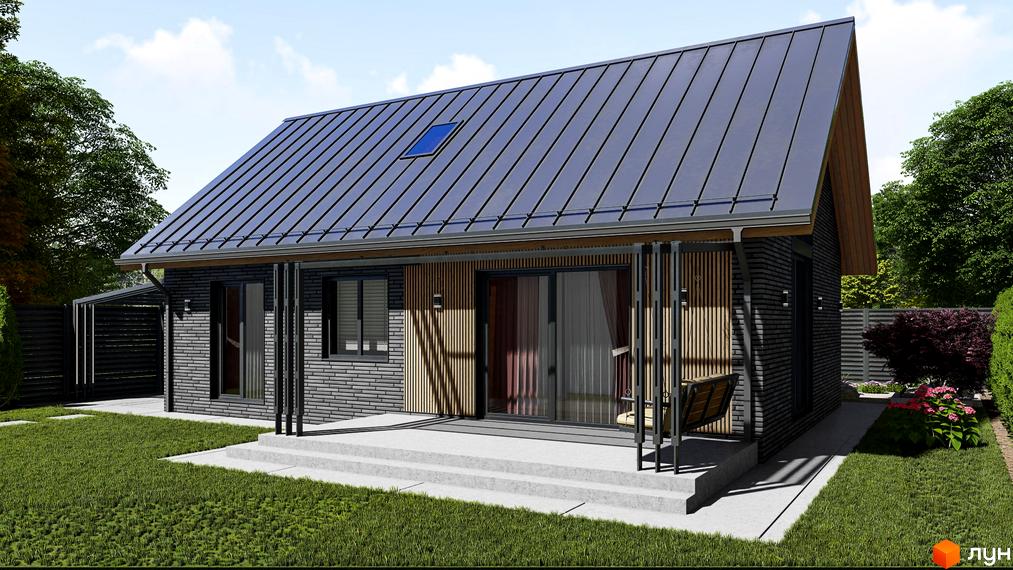 КМ SMADE Park: будинок з темною цегляною кладкою, дерев'яними елементами та великими вікнами, розташований на доглянутій зеленій ділянці з квітами.