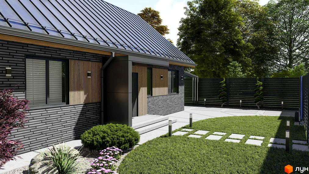 Котеджне містечко SMADE Park: будинок з сірої цегли та дерев'яними елементами, доглянутий газон та доріжка з плитки.