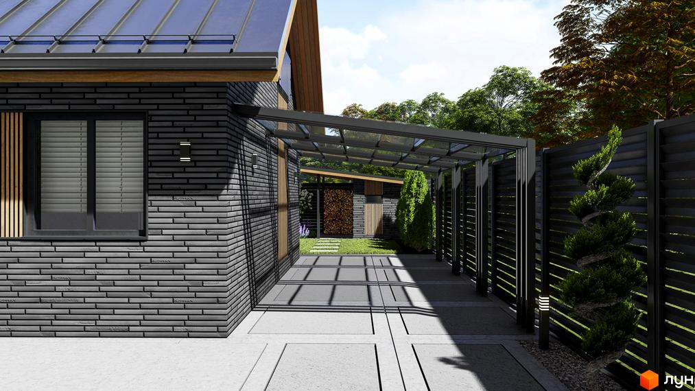 Котеджне містечко SMADE Park: фасад будинку з сірої цегли та скляний навіс. Прибудинкова територія з доріжками та огорожею.