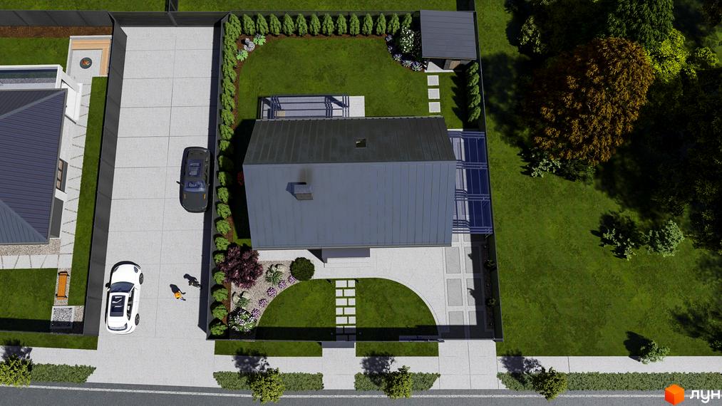 КМ SMADE Park: вид зверху на будинок з металевим дахом та прибудинкову територію з газоном, деревами та доріжками.