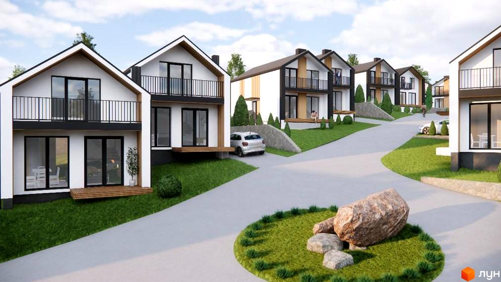 Котеджне містечко Alpland Haus: білі двоповерхові будинки з чорними балконами та великими вікнами, розташовані на схилі серед зеленої трави та дерев. На території є дорога та декоративні камені.