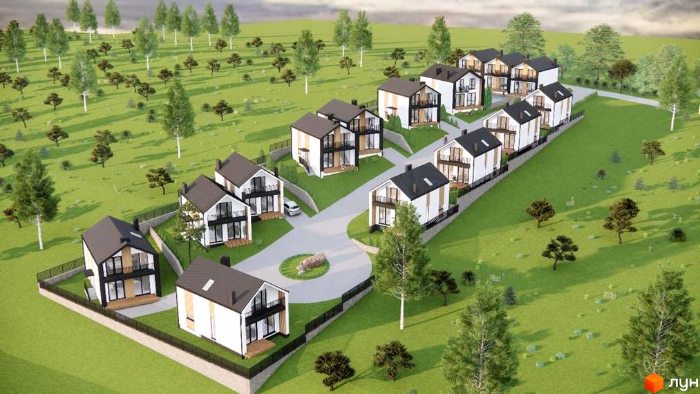 Котеджне містечко Alpland Haus: сучасні двоповерхові будинки з чорними дахами та великими вікнами на зеленому схилі, з доглянутою прибудинковою територією та деревами.