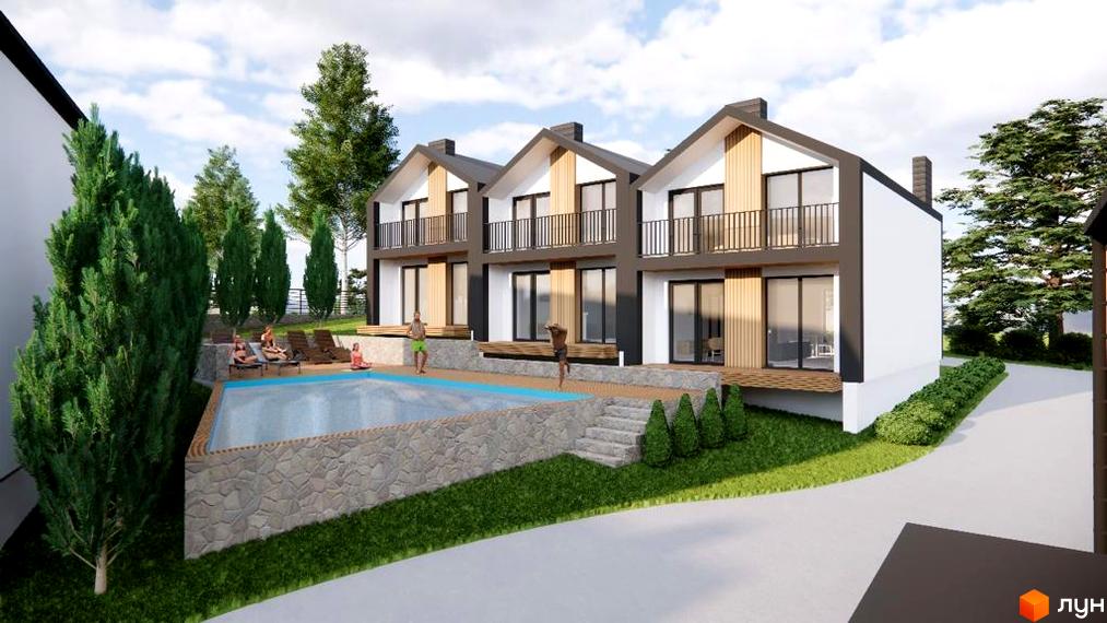 Котеджне містечко Alpland Haus з басейном та зонами відпочинку. Триповерхові будинки з балконами та великими вікнами.