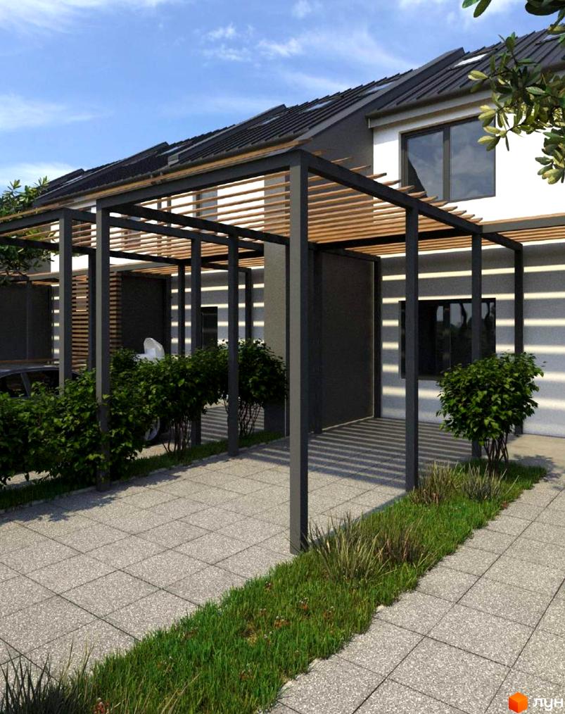 Зовнішній вигляд будинку з навісом та дерев'яними елементами, що веде до входу. Прибудинкова територія з бруківкою та зеленню.