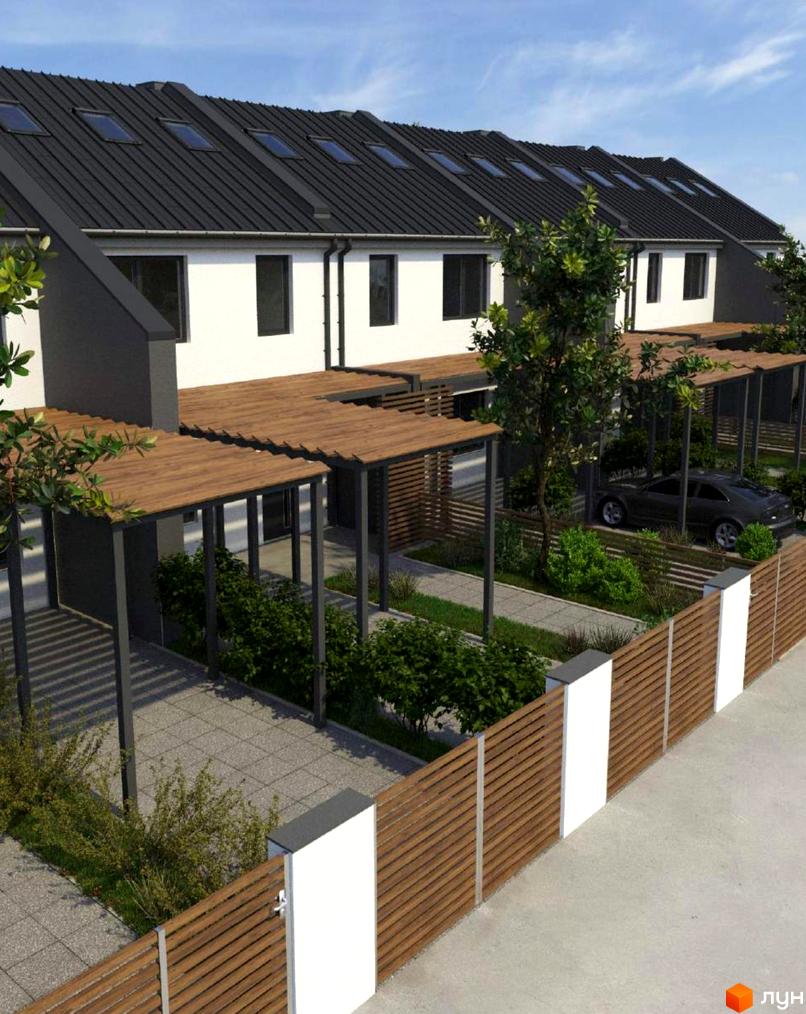 Котеджне містечко Airport City: фасади будинків з темним дахом та білими стінами, тераси з дерев'яними навісами, зелені насадження та паркан.